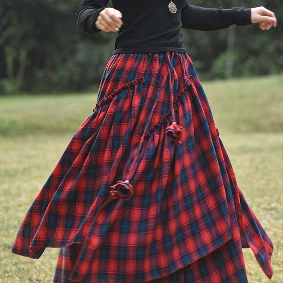 Red Casual Women's Plaid Asymmetric Hem 3d Floral Decor Skirt - Picture 2 of 5